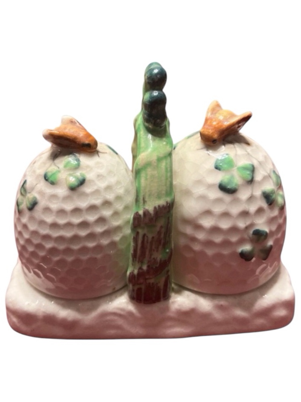 Vintage Shamrock & Beehive Salt and Pepper Shaker with Caddy Occupied Japan.